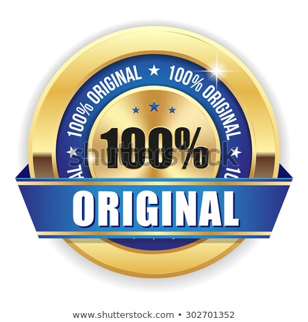 Stock fotó: Gold 100 Percent Original Badge With Blue Ribbon