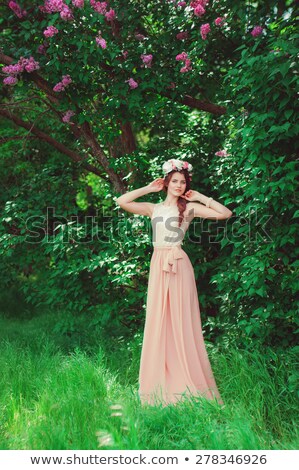 Foto stock: Young Beautiful Girl In A Long Dress And A Wreath Of Flowers In The Garden Of Lilac Bush