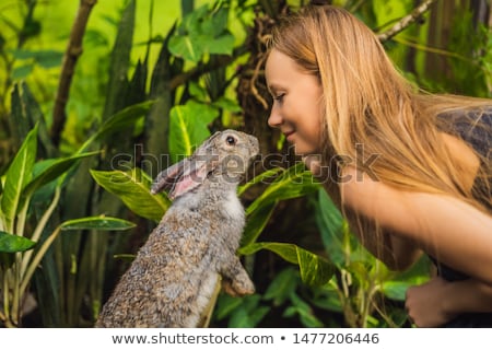 Stock foto: Woman Holding A Rabbit Cosmetics Test On Rabbit Animal Cruelty Free And Stop Animal Abuse Concept