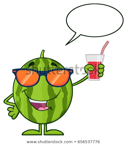 Green Watermelon Fresh Fruit Cartoon Mascot Character With Sunglasses Holding Up A Glass Of Juice Stock foto © HitToon