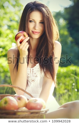 Zdjęcia stock: Close Up Pretty Woman Biting Sweet Red Apple