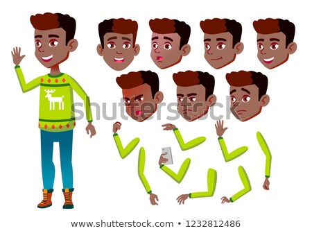 Stock photo: Boy Child Kid Teen Vector Cheerful Pupil Black Afro American Face Emotions Various Gestures