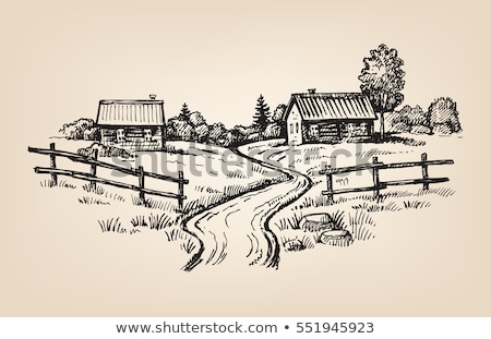 Stok fotoğraf: Countryside Rural Landscape With Village House Sketch Of Countr