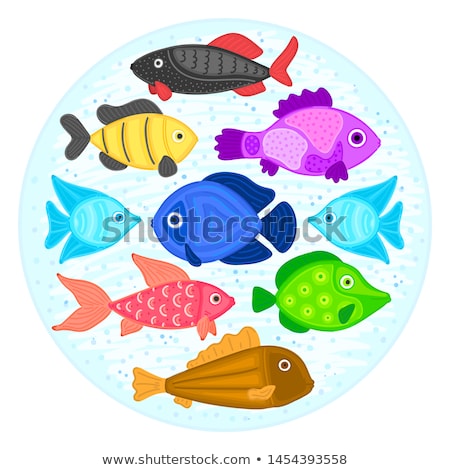 Foto stock: Vector Colorful Cartoon Fish In Circular Shape Undersea World Aquarium Cute Marine Life Pisces