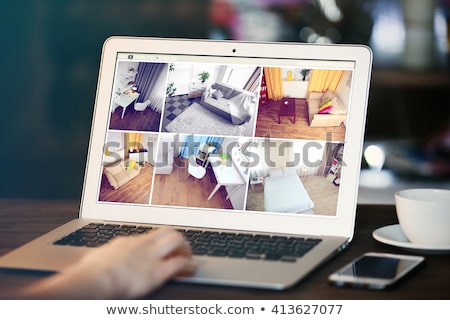 ストックフォト: Woman Monitoring Home Security Cameras On Laptop