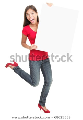 Female Presenter Stands Blank White Board Smiling Excited Woman Stok fotoğraf © Ariwasabi