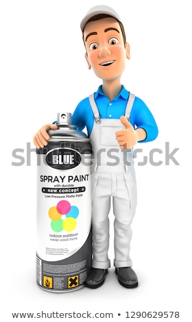 Сток-фото: 3d Painter Standing Next To Big Spray Paint Bottle