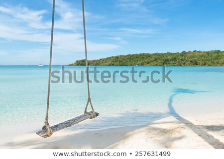 [[stock_photo]]: Summer Travel Vacation And Holiday Concept - Swing Hang From Coconut Palm Tree Over Beach Sea