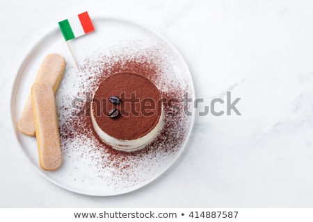 Stock fotó: Tiramisu Traditional Italian Dessert On A White Plate With Italian Flag Top View Copy Space