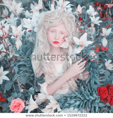 ストックフォト: Beautiful Albino Girl With Red Lips On White Background