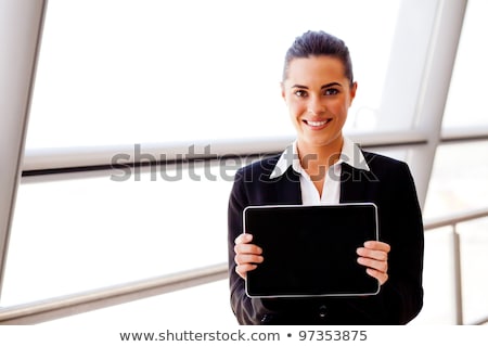 ストックフォト: Portrait Of Young Pretty Woman Holding Tablet Computer And Glass