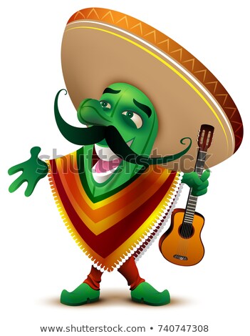 ストックフォト: Green Mexican Cactus In Sombrero And Poncho Sings