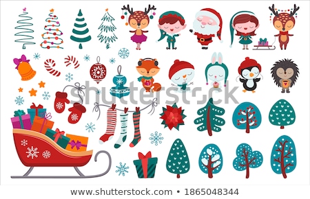 Stockfoto: Cute Santa Claus Snowman Penguin Mittens And Stockings Set For Christmas Greeting Cards