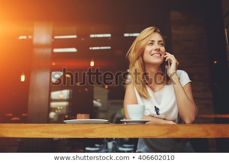 Zdjęcia stock: Cute Happy Woman With A Cup Of Cappuccino Coffee