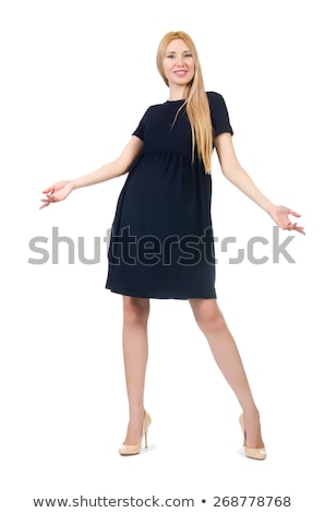 Foto stock: Beautiful Lady In Dark Blue Dress Isolated On White