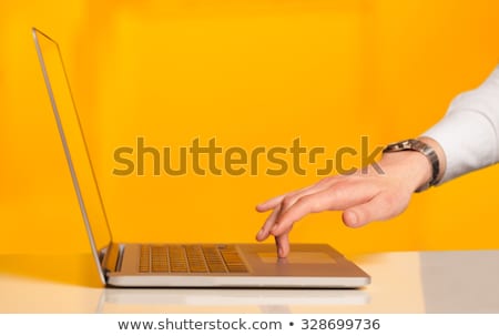 Stock fotó: Businessman Pressing Modern Laptop Computer On Colorful Backgrou