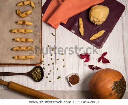 Stockfoto: Cookies Witchs Fingers For Halloween Party Celebration Wooden Background Copy Space Top View