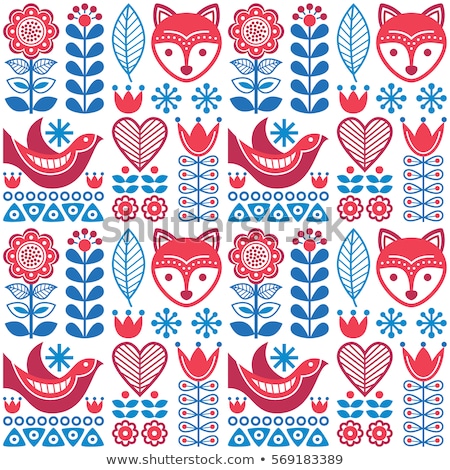 Scandinavian Seamless Vector Folk Art Pattern - Finnish Floral Design With Foxes Nordic Style Zdjęcia stock © RedKoala