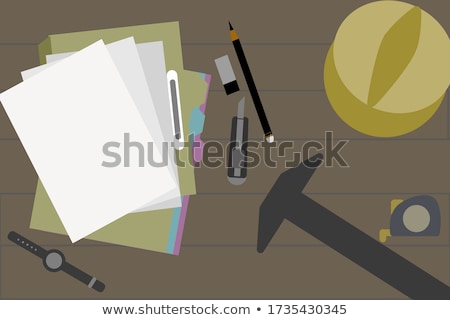 Stockfoto: Architect Wood Table Project With Professional Equipment Background Vector Illustration Design