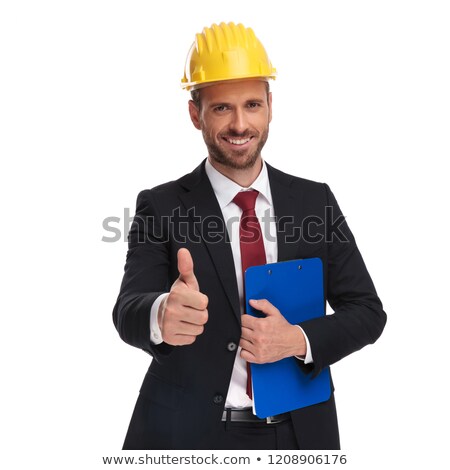 Stok fotoğraf: Portrait Of Engineer Boss With Blue Folder Making Ok Sign