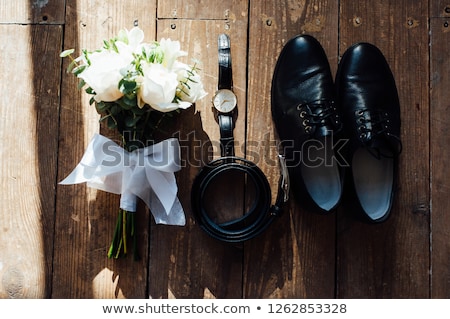 Stock photo: Wedding Groom Accessories Shoes Bouquet Belt And Socks In A Top View