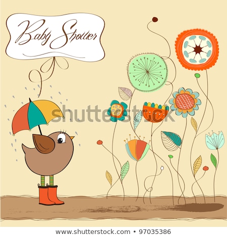 Stock fotó: Baby Shower Card With Little Bird Stand In The Rain