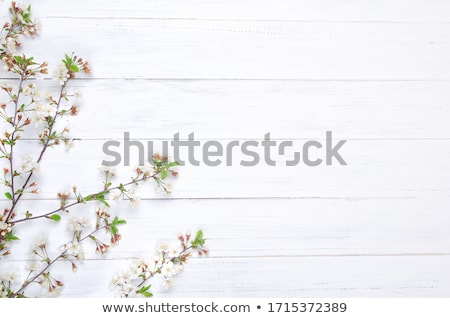 Foto stock: Spring White Flowers On A Wooden Background Copy Space