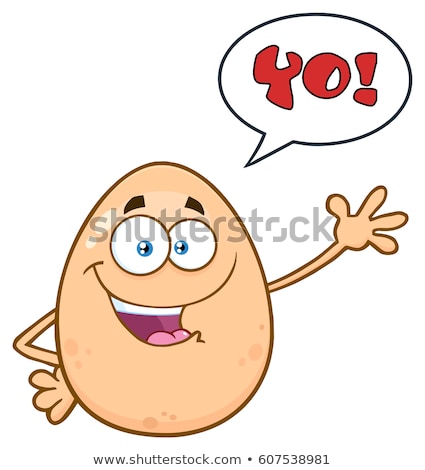 Happy Egg Cartoon Mascot Character Waving For Greeting With Speech Bubble And Text Yo Stock foto © HitToon