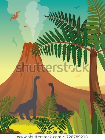 [[stock_photo]]: Two Dinosaurs And Volcano Eruption