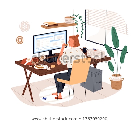 Foto stock: Young Business Woman On Computer With Snack Isolated