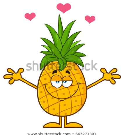[[stock_photo]]: Pineapple Fruit With Green Leafs Cartoon Mascot Character With Hearts And Open Arms For Hugging