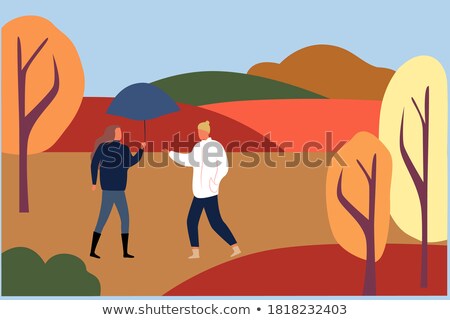 ストックフォト: Girl And Boy With Umbrella In A Autumn Raining Day Background Concept Vector Illustration Design