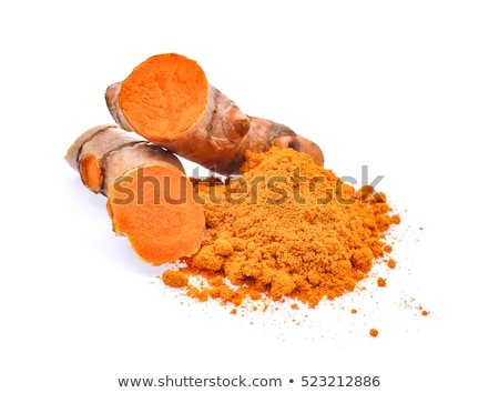 Foto stock: Turmeric Root And Turmeric Powder On Color Wooden Background