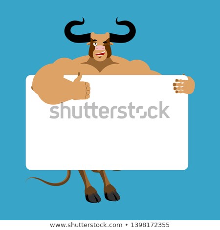 Foto stock: Bull Holding Banner Blank Minotaur And White Blank Buffalo Joy