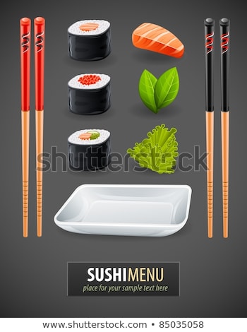 Сток-фото: Sushi Details Of Japanese Cuisine - Ingredients Fish Chopsticks And Plate Vector Illustration