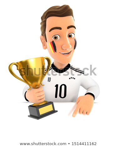 Stok fotoğraf: 3d German Soccer Fan With Trophy Cup Pointing To Empty Wall