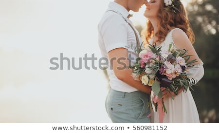 Zdjęcia stock: Bride And Groom At Wedding Ceremony On The Beautiful Lake Background