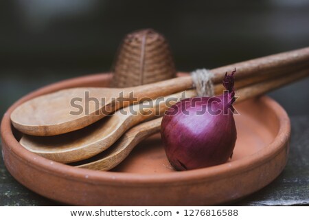 Foto stock: Borsch In Clay Pot With Bread And Garlic On Wooden Table