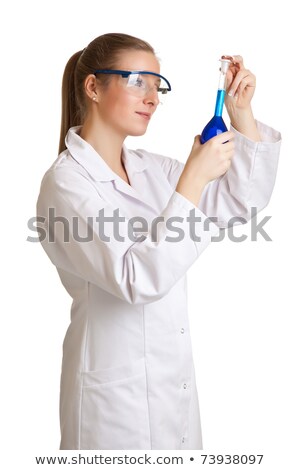 [[stock_photo]]: Isolated Scientist Woman In Lab Coat With Chemical Glassware