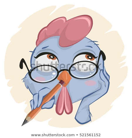 Stockfoto: Blue Rooster Head Holding Pencil In Beak