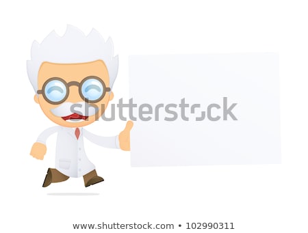 Foto stock: Funny Cartoon Scientist Holds A Banner