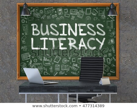 Foto d'archivio: Business Literacy Concept Doodle Icons On Chalkboard 3d Illustration