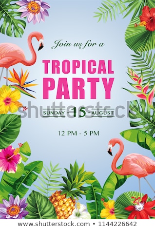 Foto stock: Vector Tropical Party Flyer Design With Flower And Tropical Plants On Blue Background Summer Nature