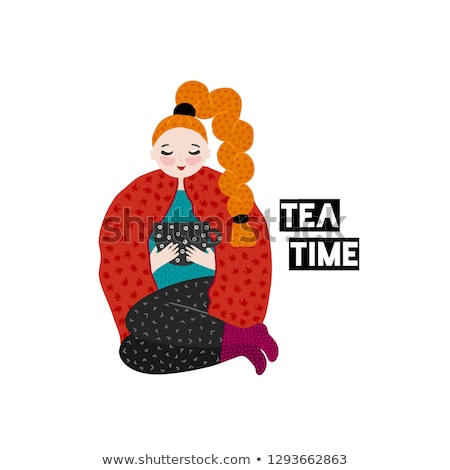 Stockfoto: Girl In Warm Clothes Spending Autumn Or Winter Weekend At Home - Drink Tea Hand Drawn Cute Cartoon