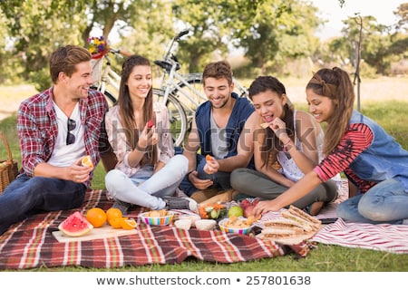 Сток-фото: Happy Friends With Picnic Blanket At Summer Park