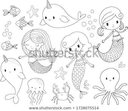 Stock fotó: Vector Black White Outline Cartoon Cute Mermaid