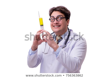 Foto stock: Funny Doctor With Syringe Isolated On White