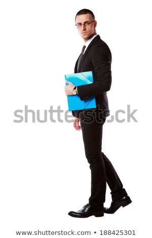 Foto stock: Full Length Portrait Of A Businessman In Glasses With Blue Folder Over White Background