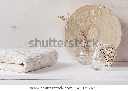 Stock foto: Soft Home Decor Of Glass Vase With Spikelets And Pillows On White Wood Background