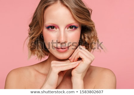 Stock fotó: Young Pretty Blonde Woman With Hairstyle Close Up And Makeup On Pink Background Smiling